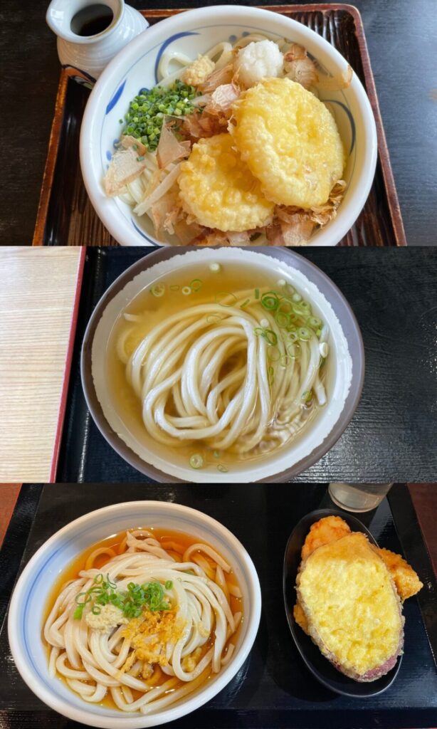 かわたうどん　新玉ねぎの天ぷらが乗っている冷たいうどん、池上製麺所　かけうどん（冷）、はやし家製麺所（空港）　ぶっかけうどん（冷）